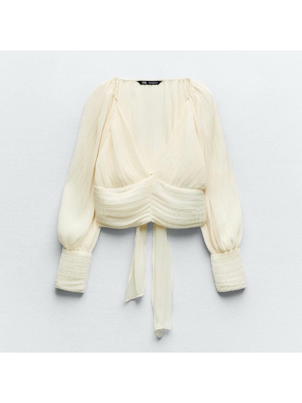ZARA Women’s Cream Pleated Crop Top Blouse XS Tie Front Balloon Sleeve Boho